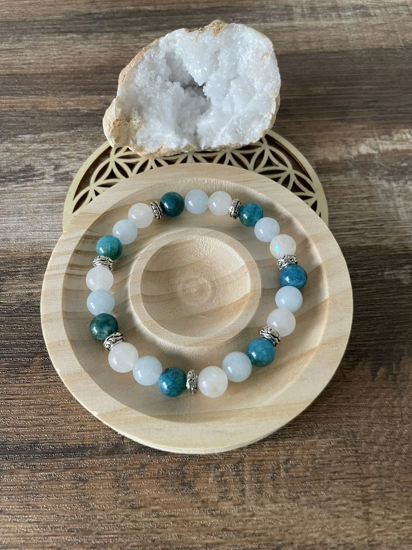 Bracelet en Pierre de Lune, Aigue Marine et Apatite Bleue - 8mms