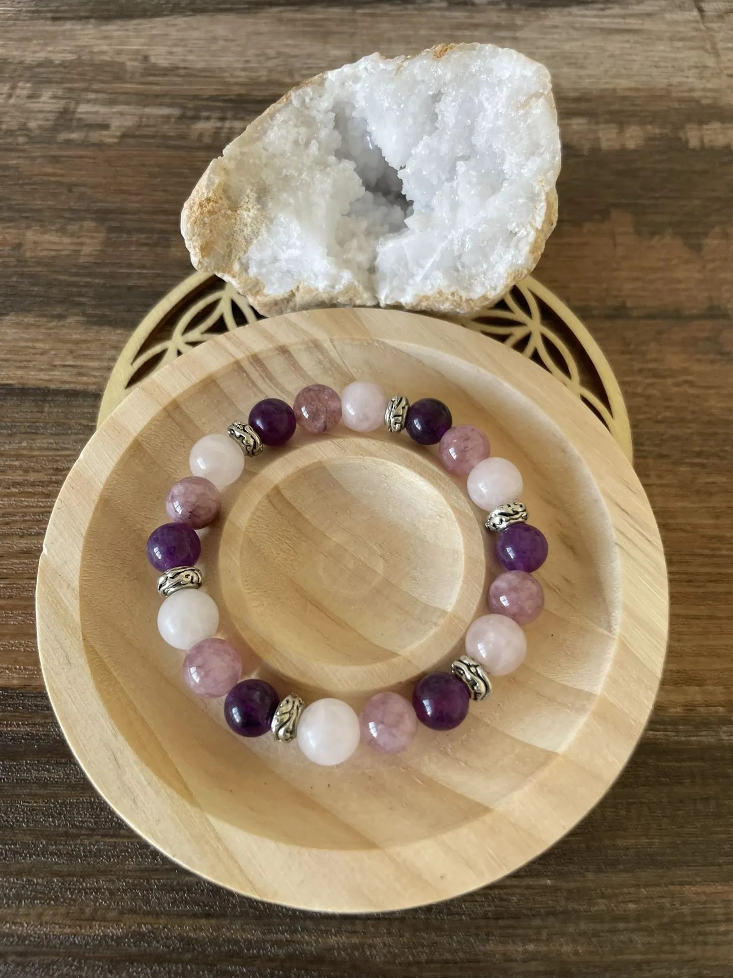 Bracelet en Améthyste, Lépidolite et Quartz Rose - 8mms