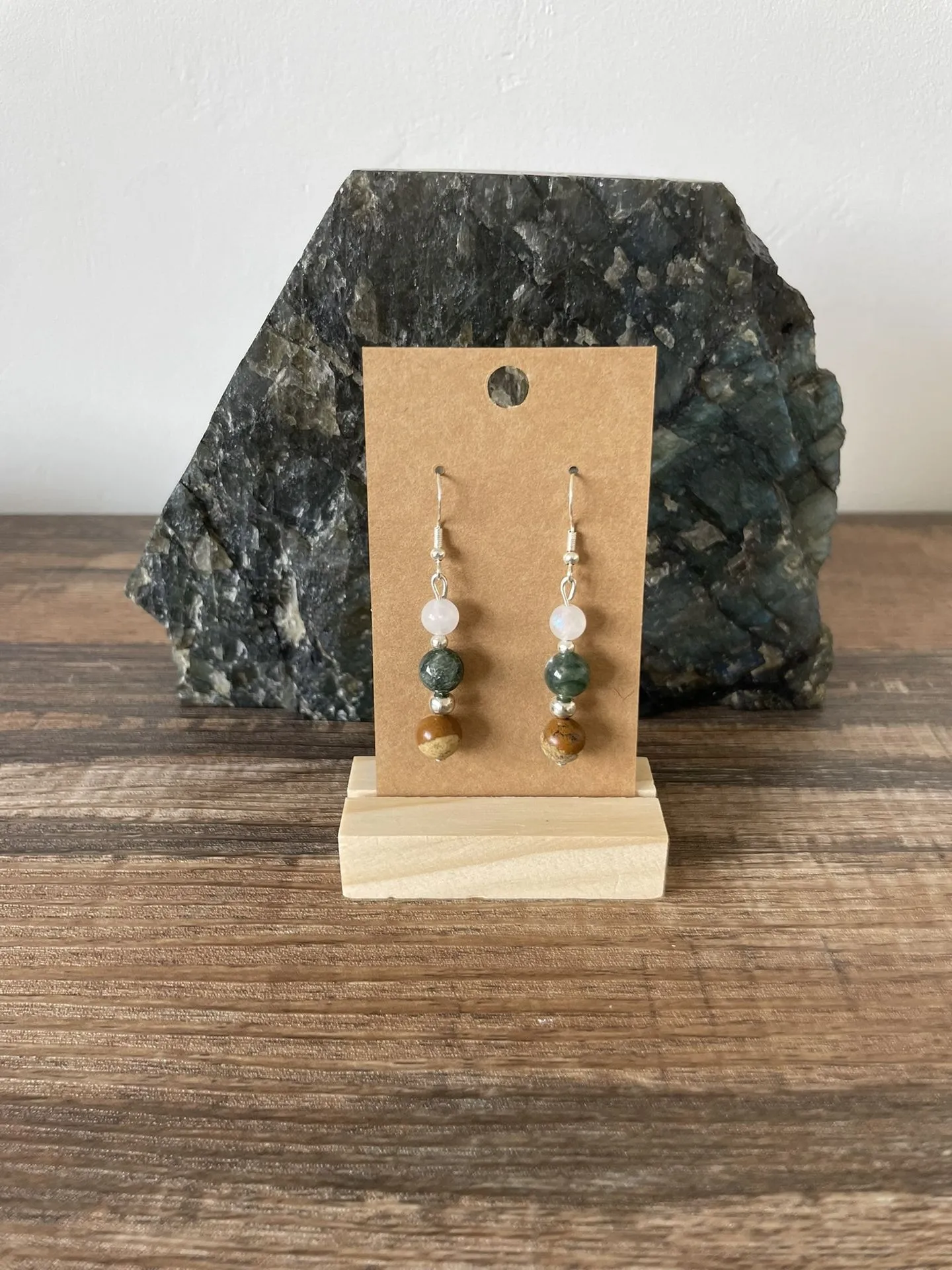 Boucles d'oreilles droites Pierre de Lune, Agate Mousse et Jaspe Paysage