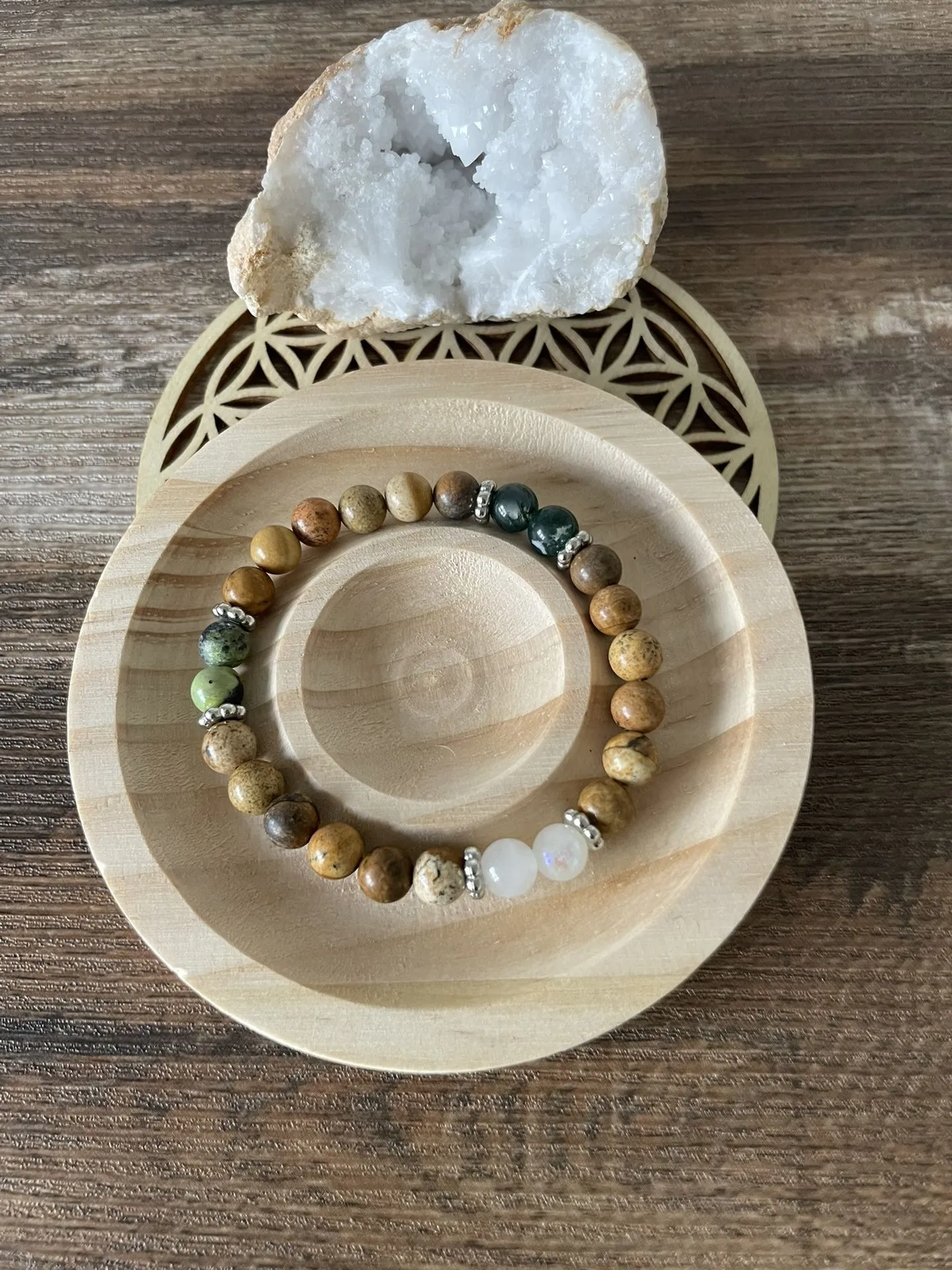 Bracelet Jaspe Paysage, Pierre de Lune, Agate Mousse et Péridot - 6mms