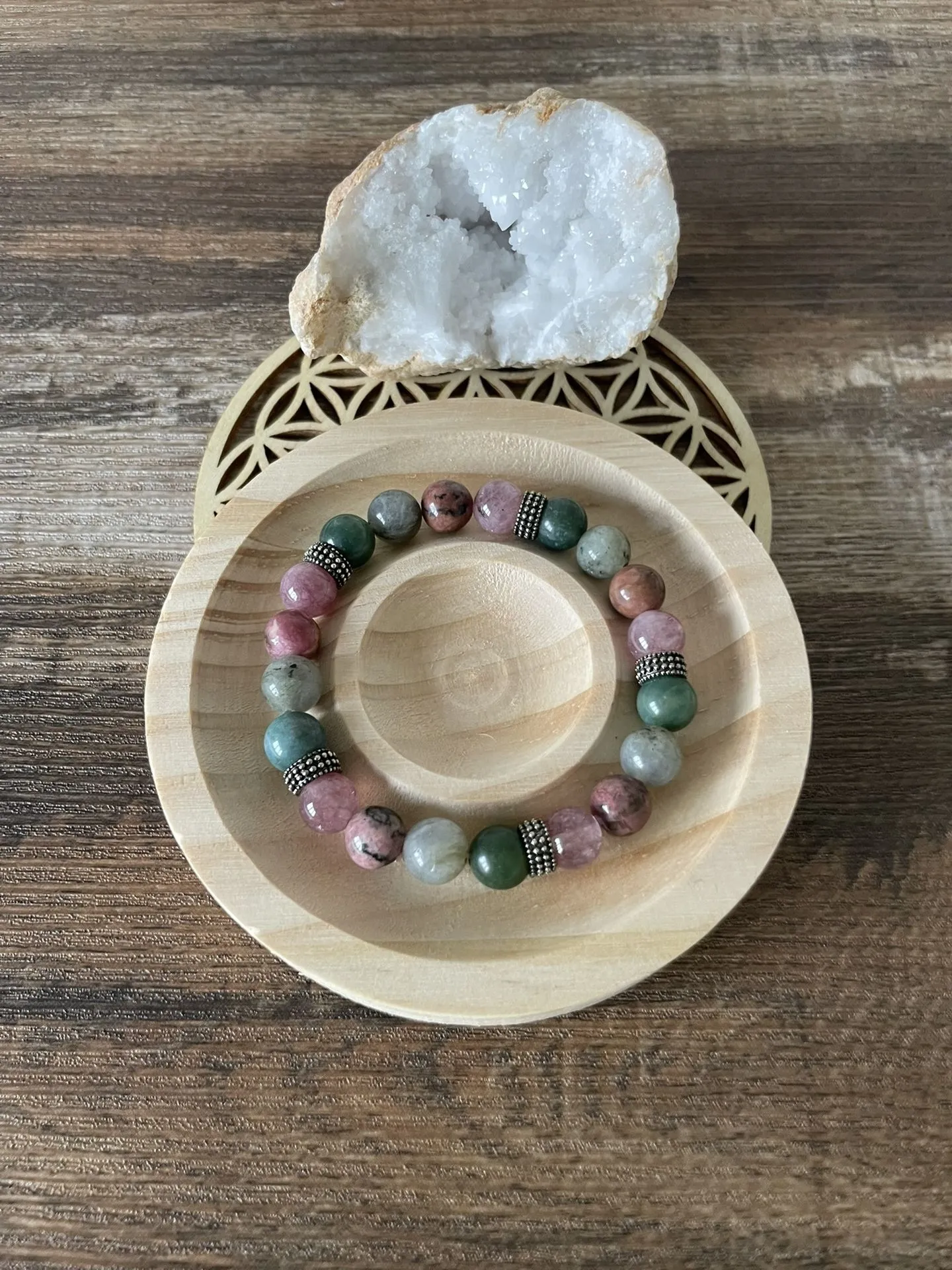 Bracelet Agate Mousse, Labradorite, Lépidolite, Rhodonite - 8mms